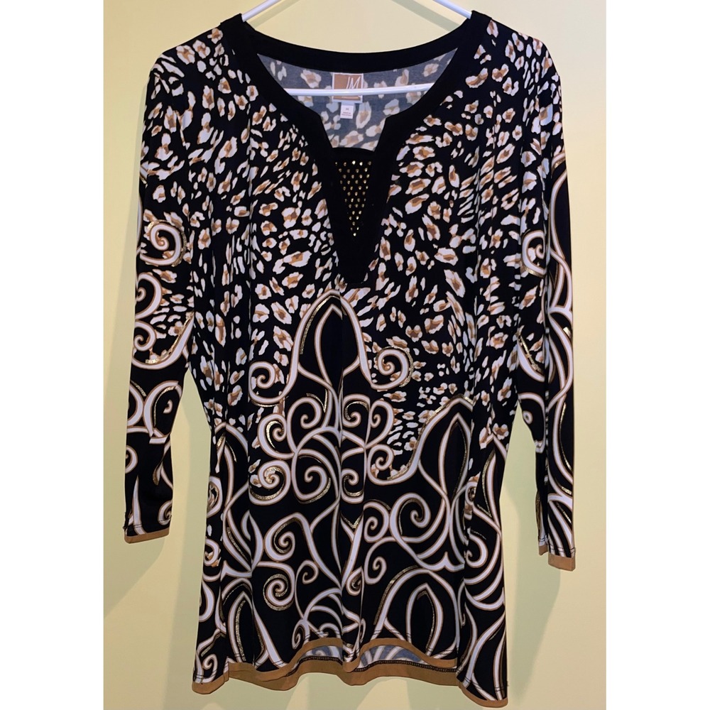 JM Collection Leopard Scroll Print Studded V-Neck Tunic Top Black Gold Medium